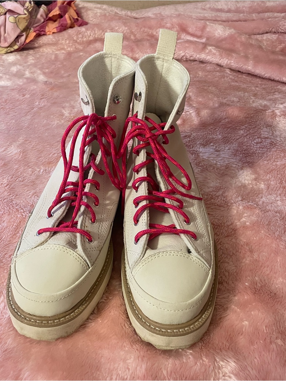 Converse Cream Platform Lace-Up Boots with Pink Laces